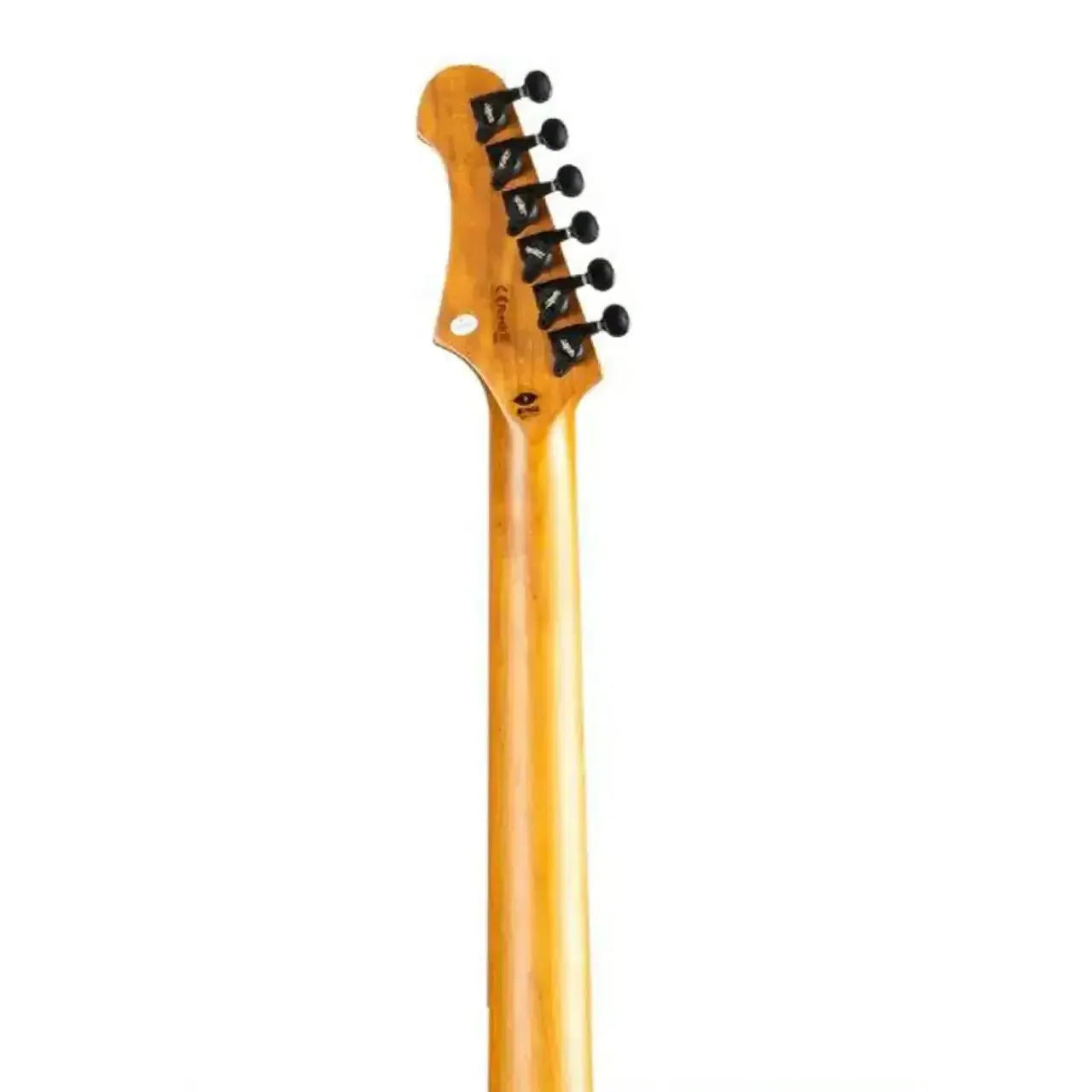 Jet JS-500 electric guitar's roasted maple neck and headstock with black locking tuners.