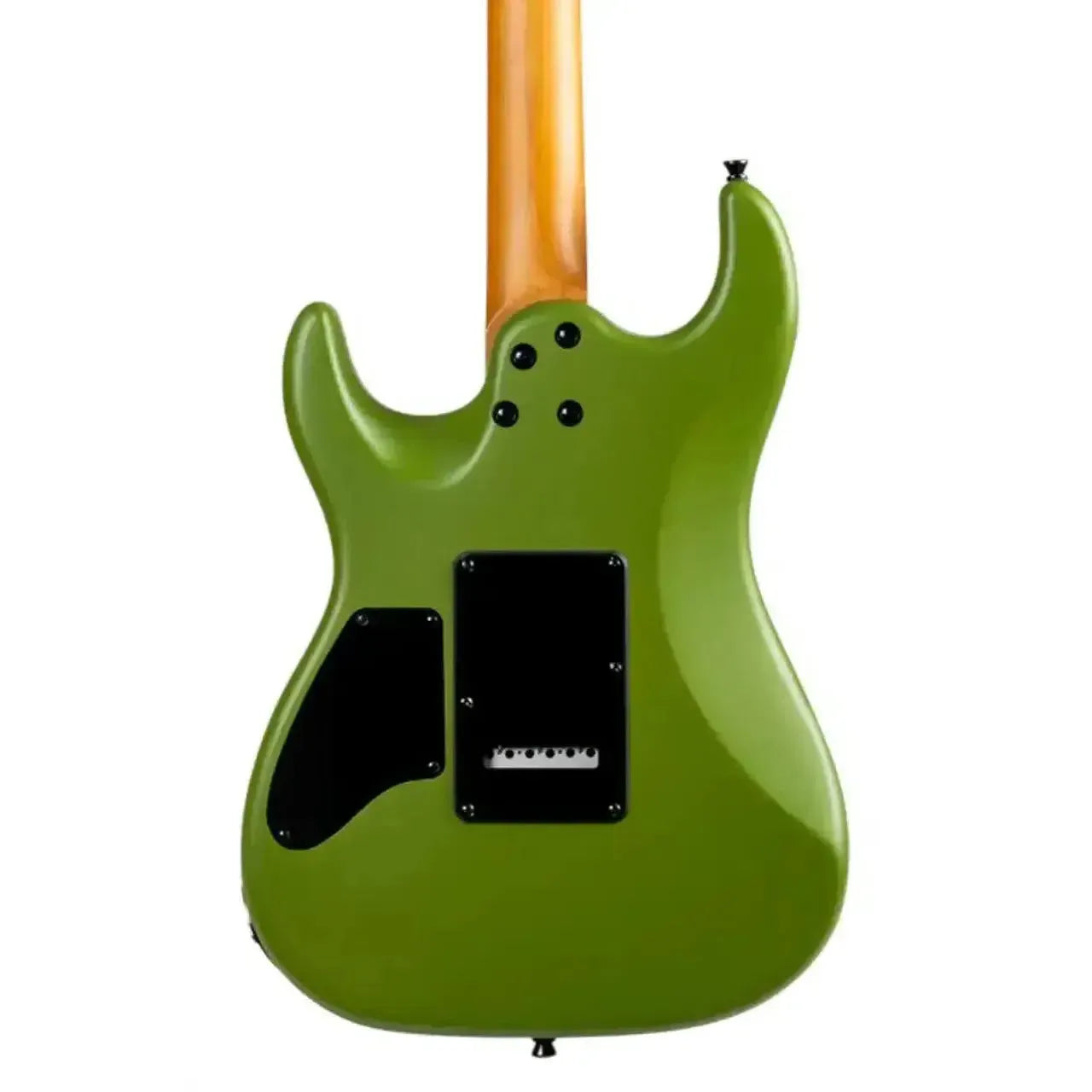 Back of a Jet JS-500 MGR Stratocaster electric guitar with a satin green body and natural maple neck.