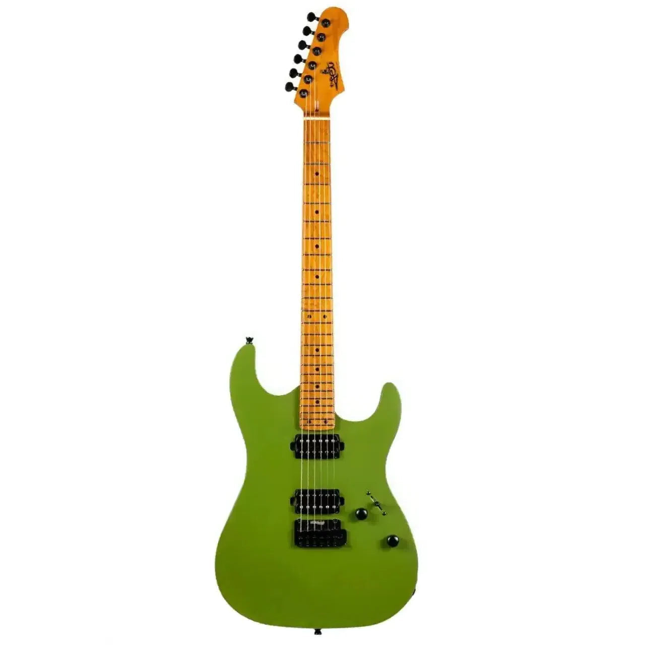 Jet JS-500 MGR solid body electric guitar in satin green with roasted maple neck and black hardware.