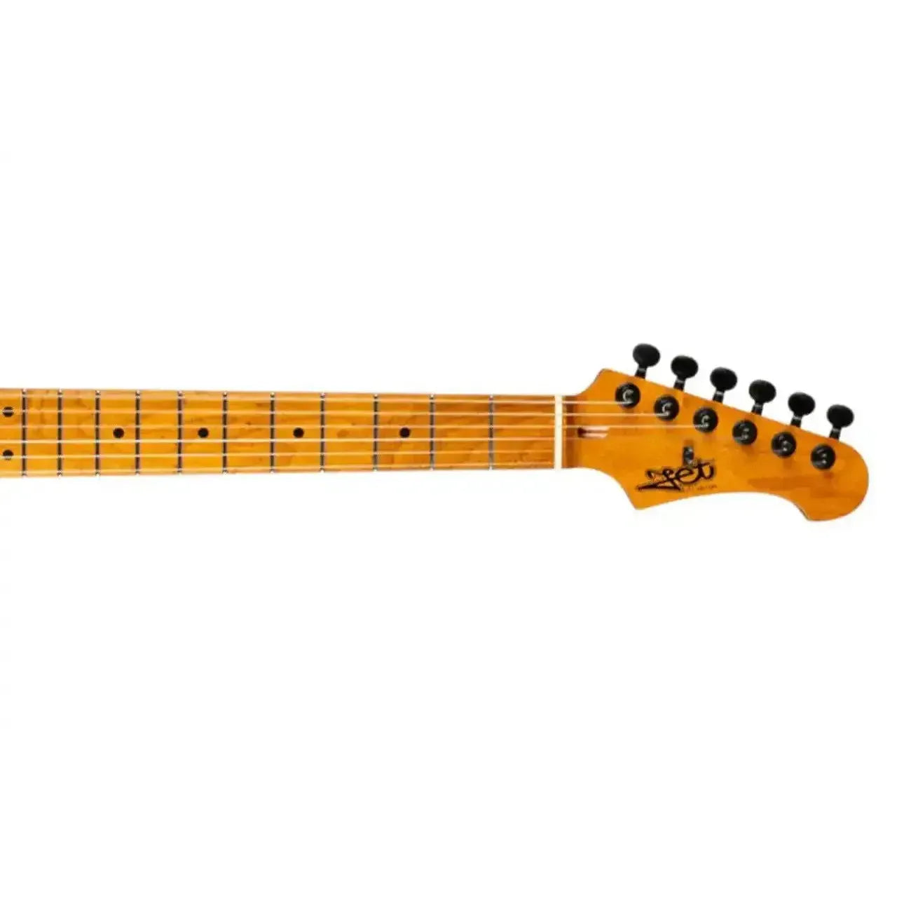 Jet JS-500 Stratocaster electric guitar headstock and roasted maple fretboard with black tuners.
