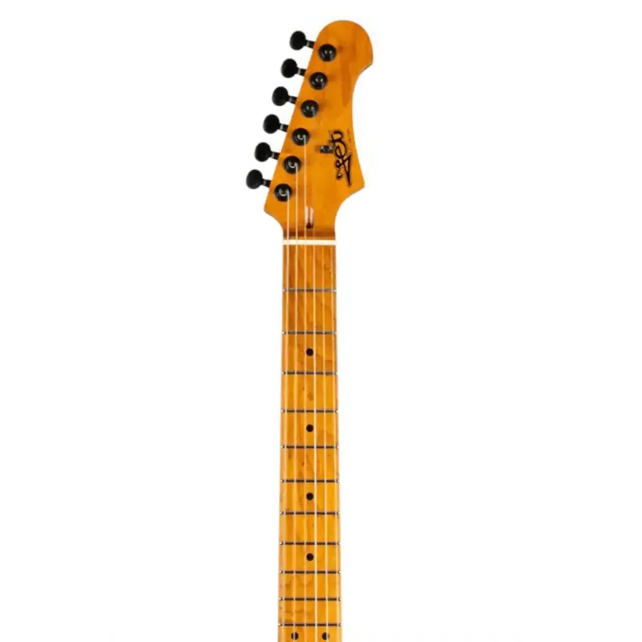 Jet JS-500 Stratocaster electric guitar headstock and roasted maple fretboard with black tuners.