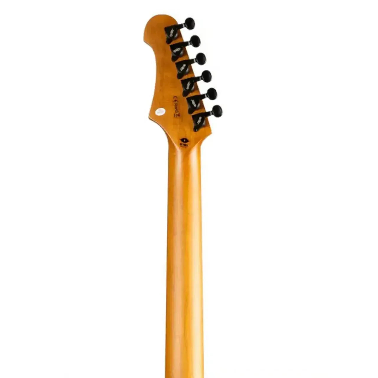 Jet JS-500 Stratocaster electric guitar neck and headstock with black tuning pegs.