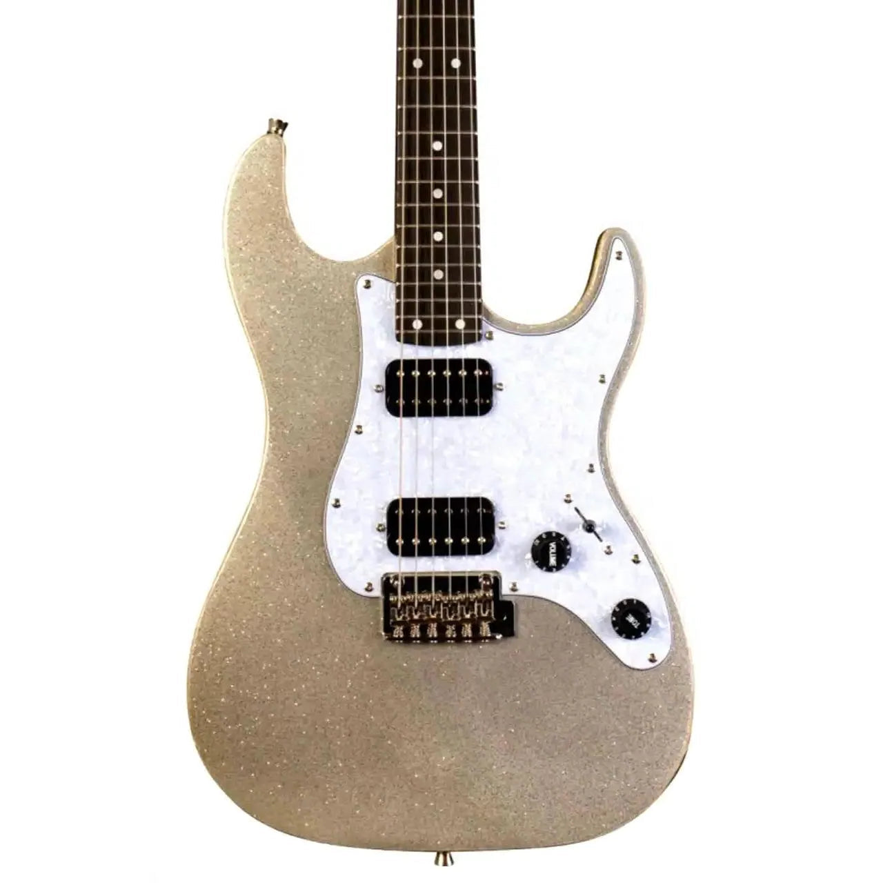 Jet JS-500 SLS Silver Sparkle Stratocaster electric guitar with white pickguard and HH Alnico pickups.