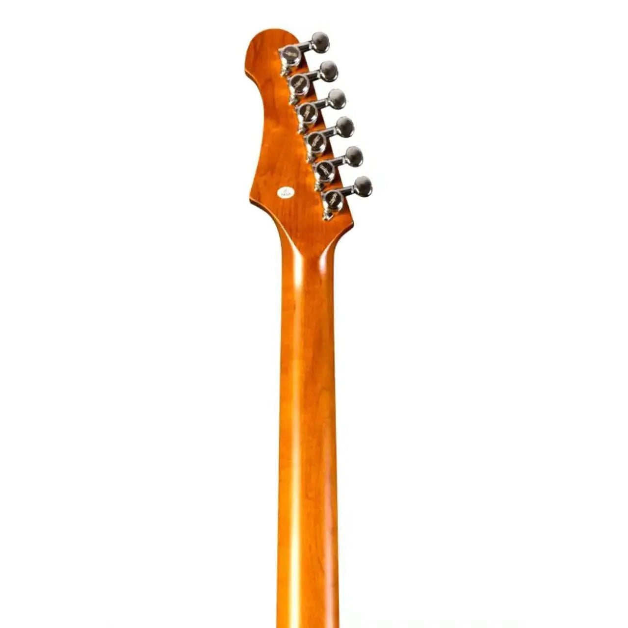 Jet JS-500 SLS electric guitar's glossy brown neck and headstock with six silver tuning pegs.
