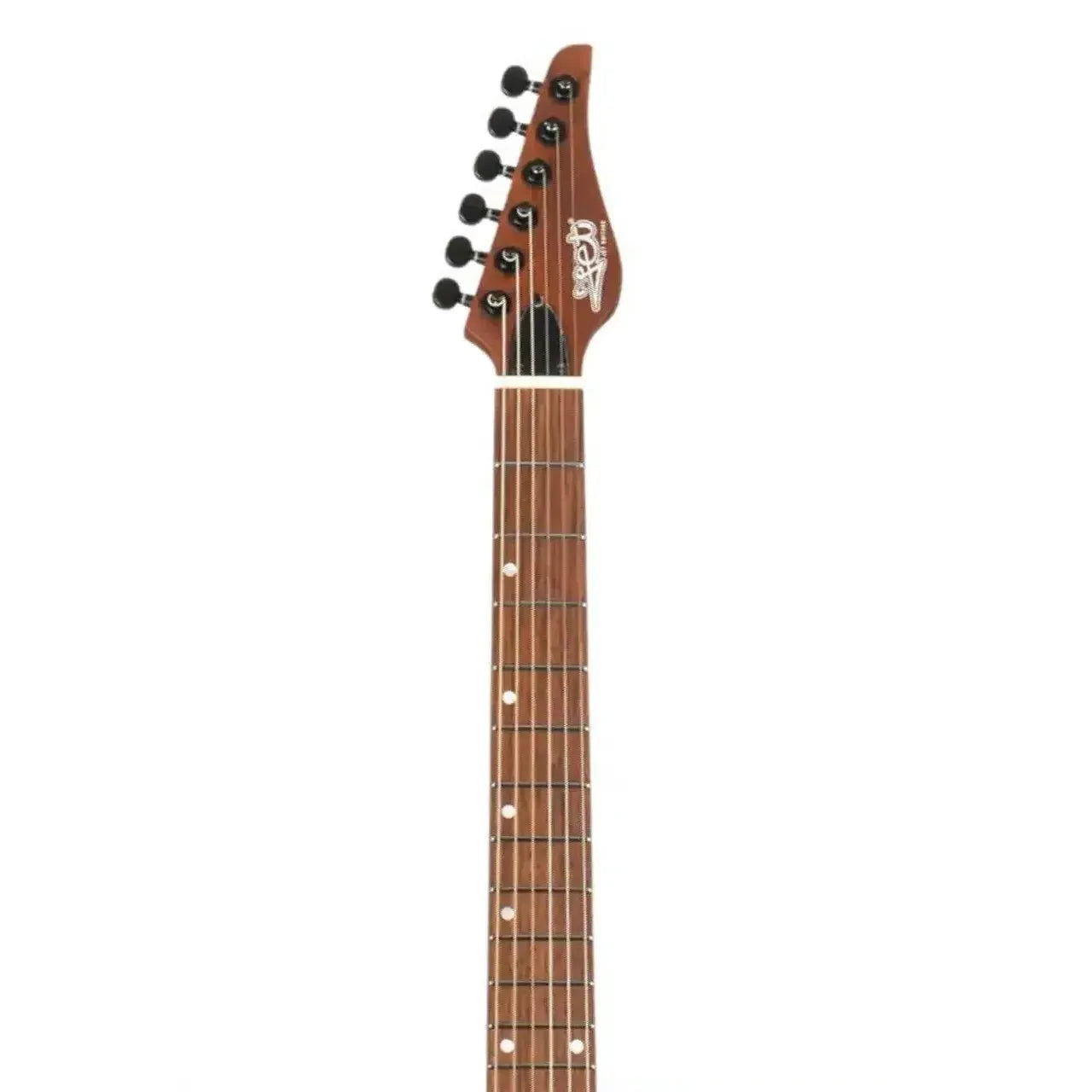 Jet JS-501 STYGIAN Stratocaster electric guitar headstock and rosewood fretboard with black tuners.