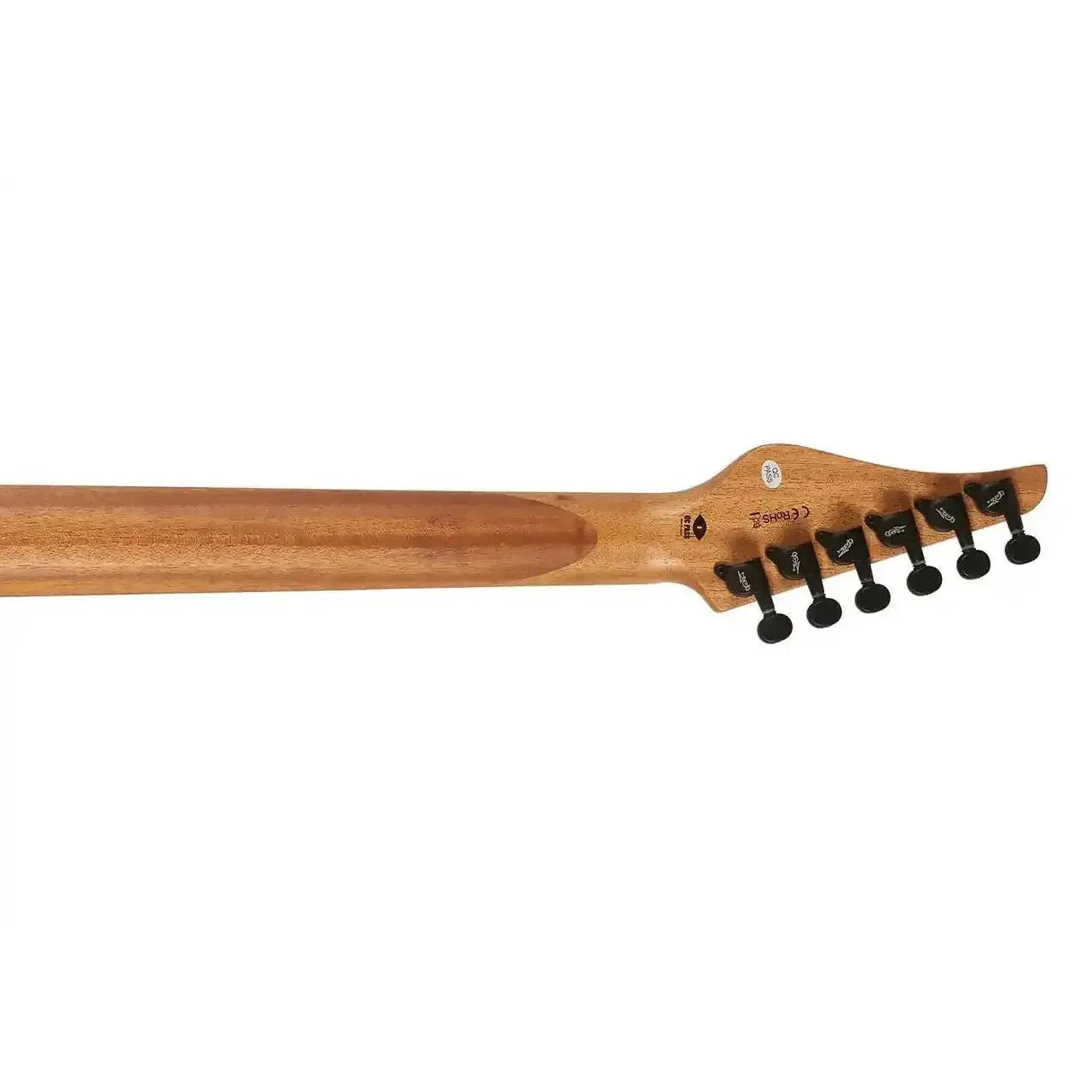 Back of a Jet JS-501 STYGIAN electric guitar's mahogany neck and headstock with black tuners.