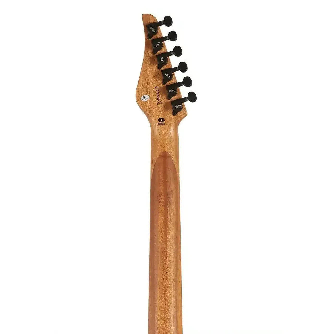 Back of a Jet JS-501 STYGIAN electric guitar's mahogany neck and headstock with black tuners.