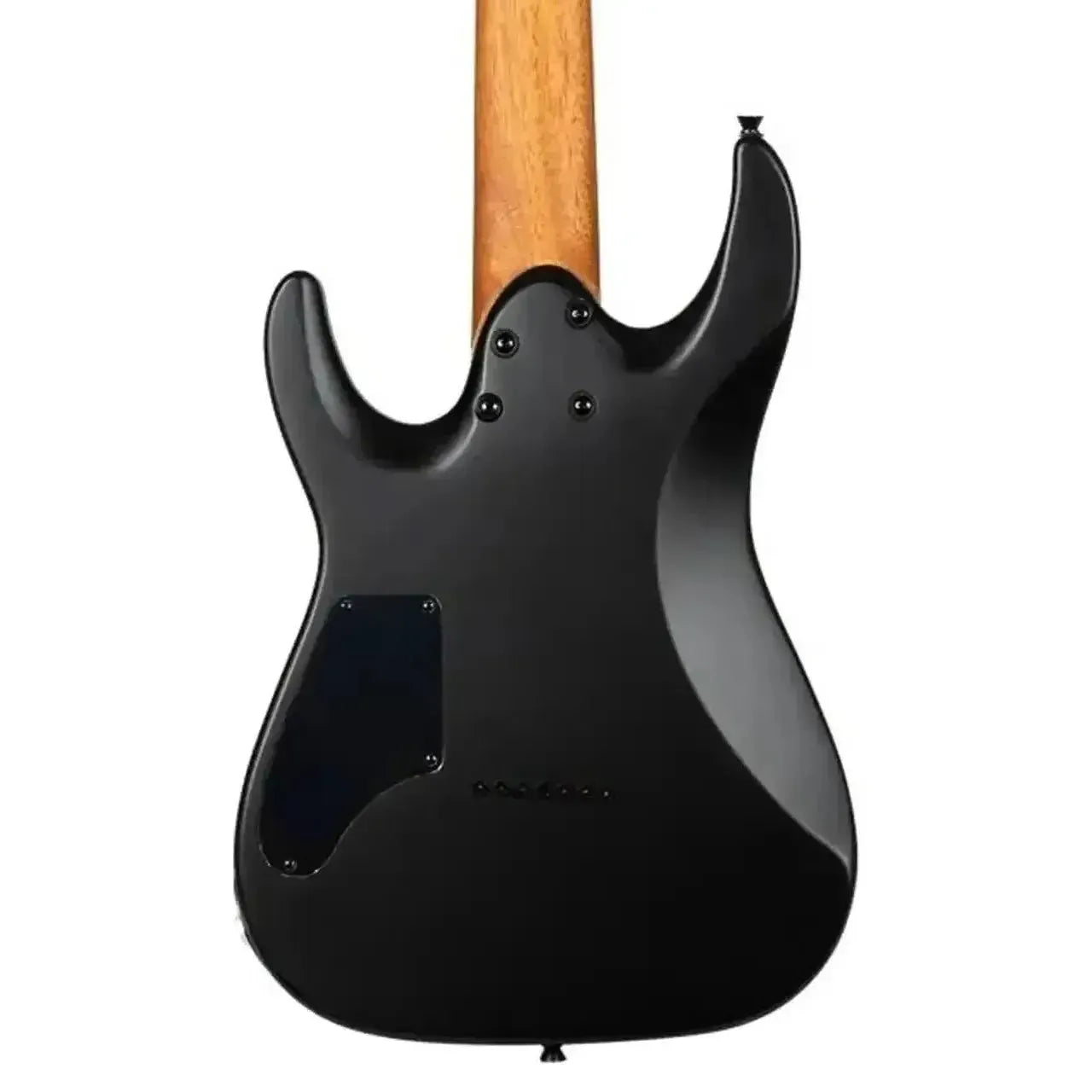 Back of a Jet JS-507 STYGIAN satin black solid body electric guitar with a natural mahogany neck.