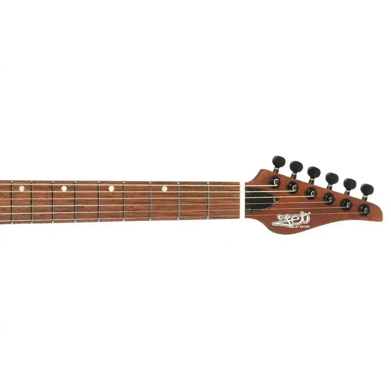 Jet JS-507 STYGIAN Stratocaster electric guitar headstock and rosewood fretboard with black tuners.