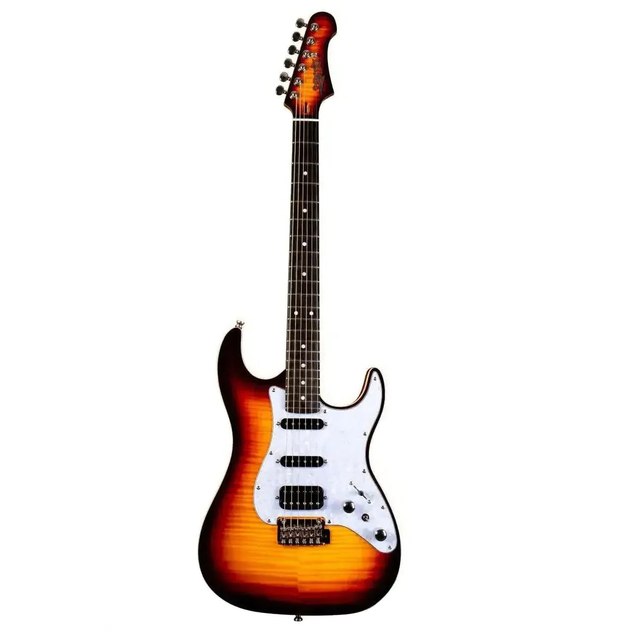 Jet JS-600 BS Sunburst Stratocaster electric guitar with flamed maple top, white pickguard, and HSS pickups.