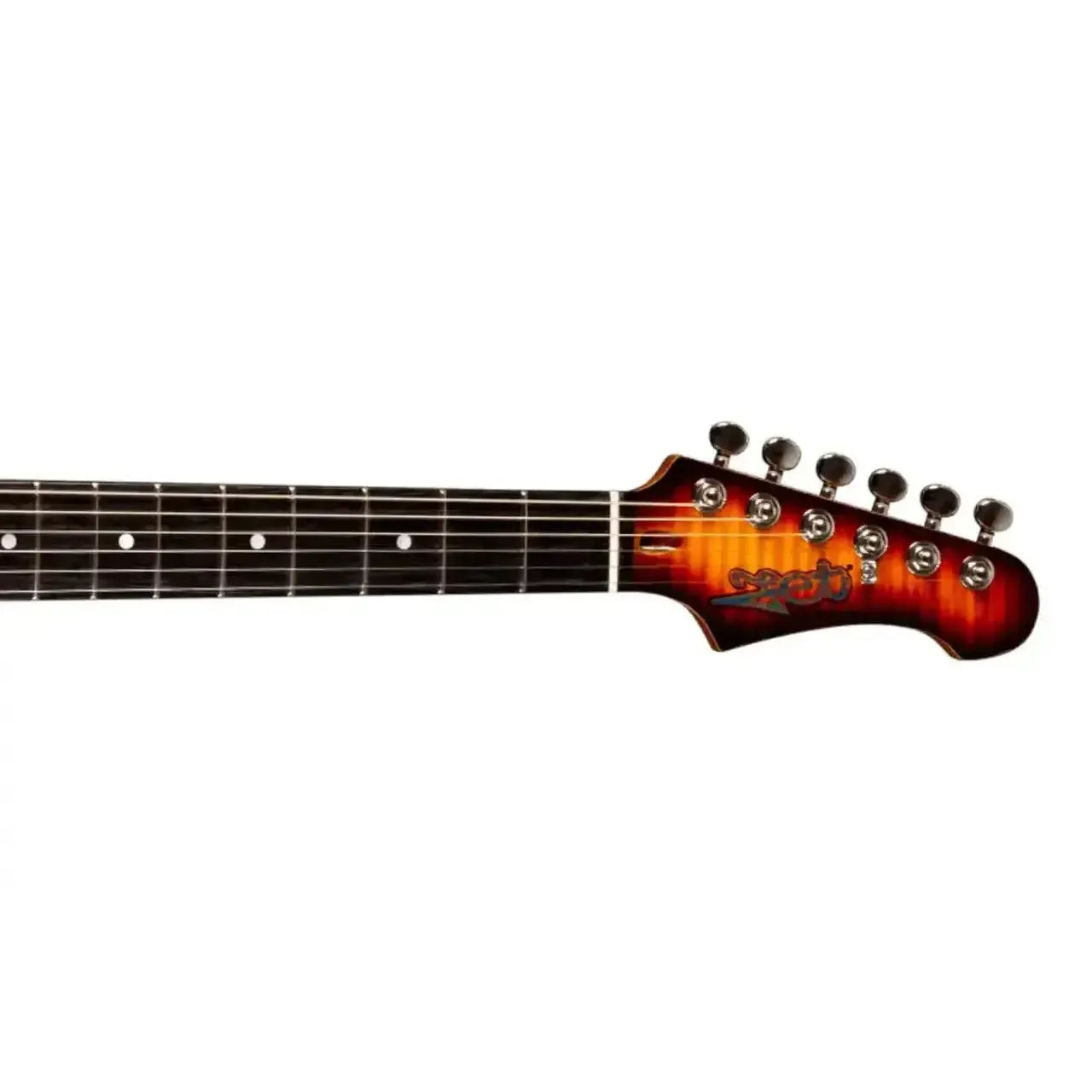 Jet JS-600 BS Sunburst Stratocaster electric guitar headstock and neck with tuning pegs and fretboard.