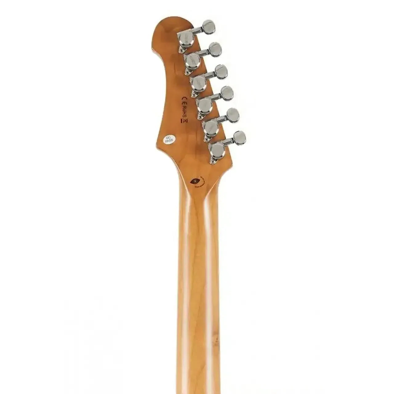 Back of a Jet JS-600 Stratocaster electric guitar neck and headstock with chrome tuners.