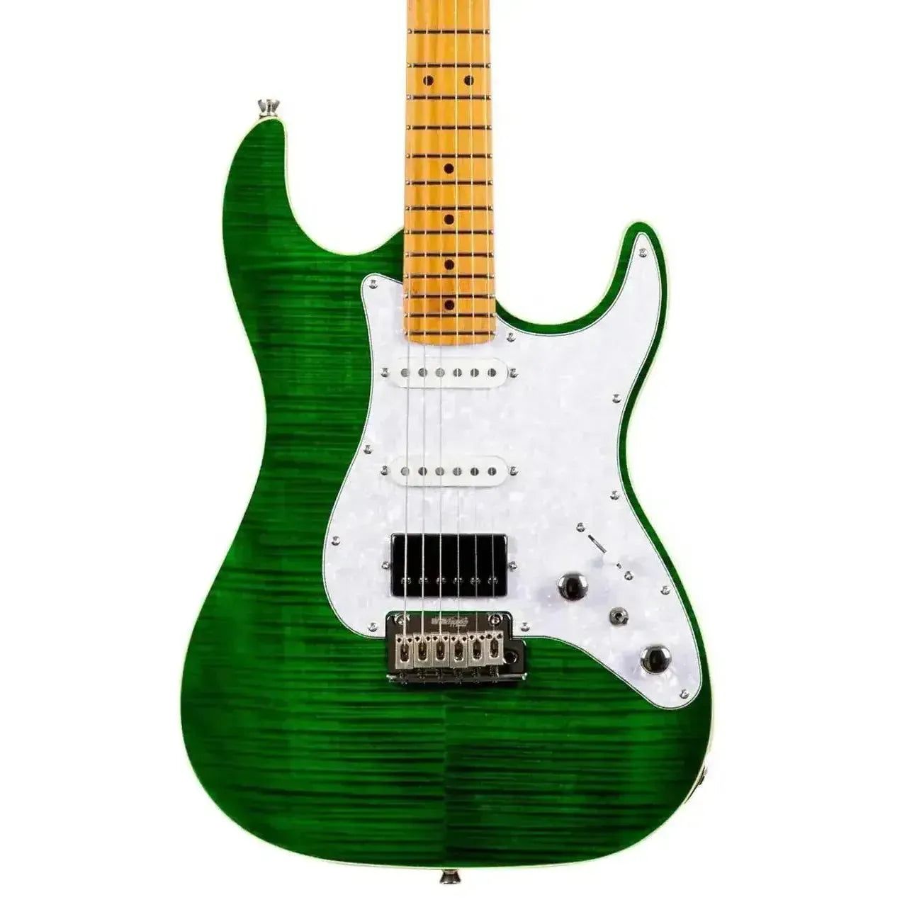 Jet JS-600 TGR Transparent Green Stratocaster electric guitar with flamed maple top, white pickguard, and roasted maple neck.