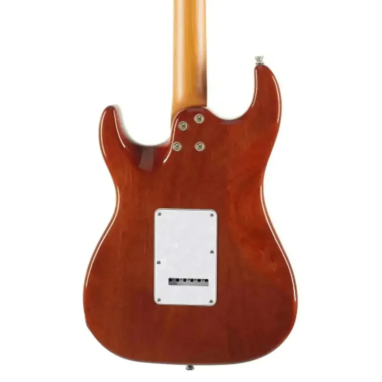Back of a Jet JS-600 TGR Stratocaster electric guitar, showing its transparent green mahogany body and roasted maple neck.