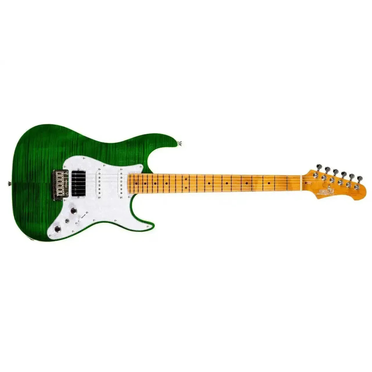 Jet JS-600 TGR Transparent Green Stratocaster electric guitar with flamed maple top, white pickguard, and roasted maple neck.