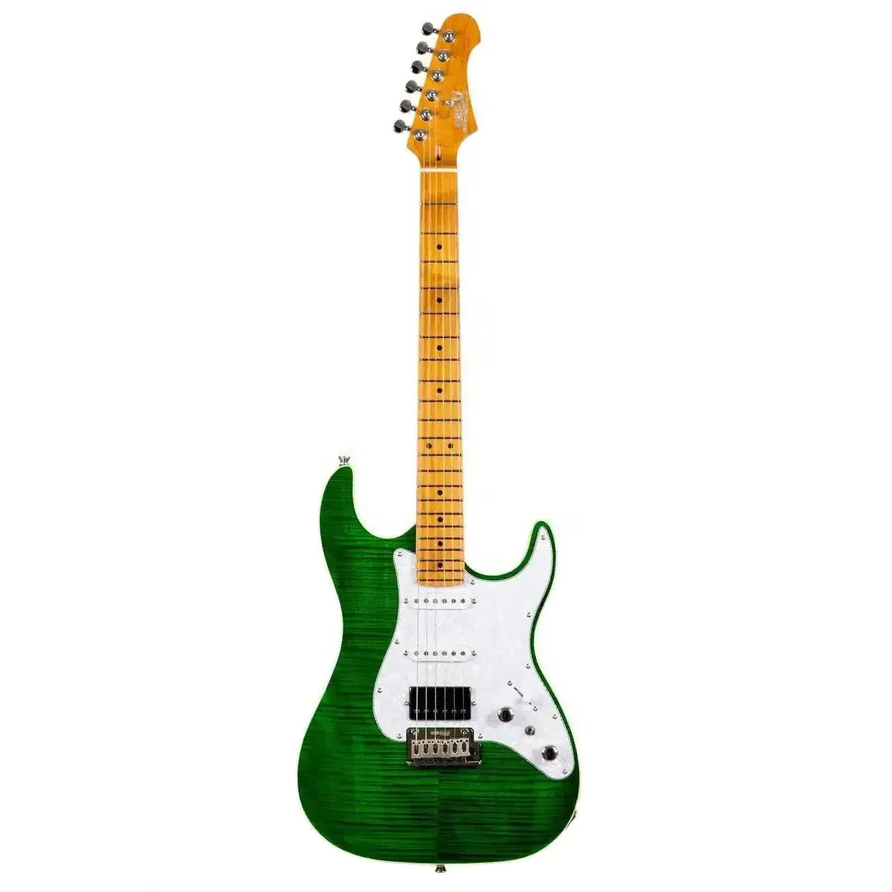 Jet JS-600 TGR Transparent Green Stratocaster electric guitar with flamed maple top, white pickguard, and roasted maple neck.