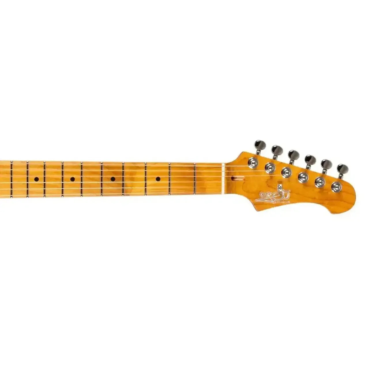 Jet JS-600 Stratocaster electric guitar headstock and roasted maple fretboard with tuners.