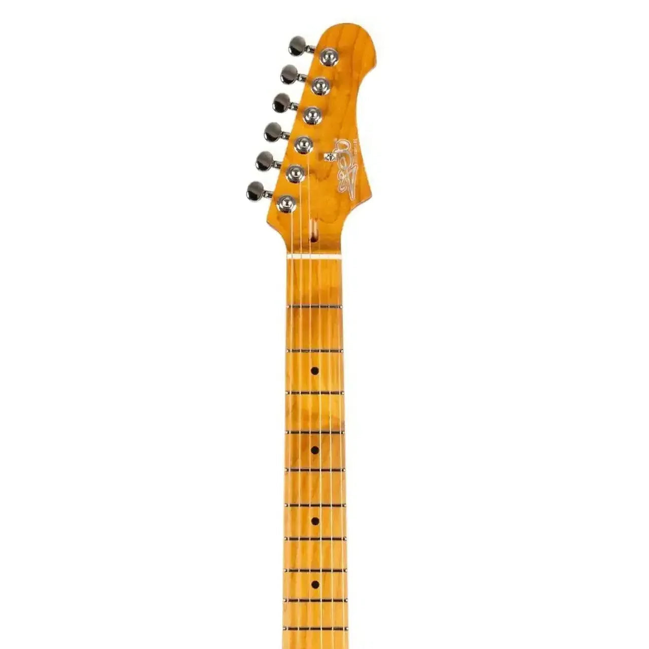Jet JS-600 Stratocaster electric guitar headstock and roasted maple fretboard with tuners.