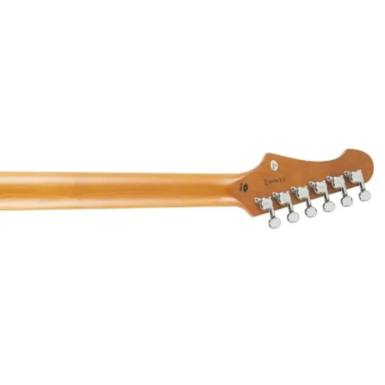 Back of a Jet JS-600 Stratocaster electric guitar neck with a light wood finish and six silver tuning pegs.