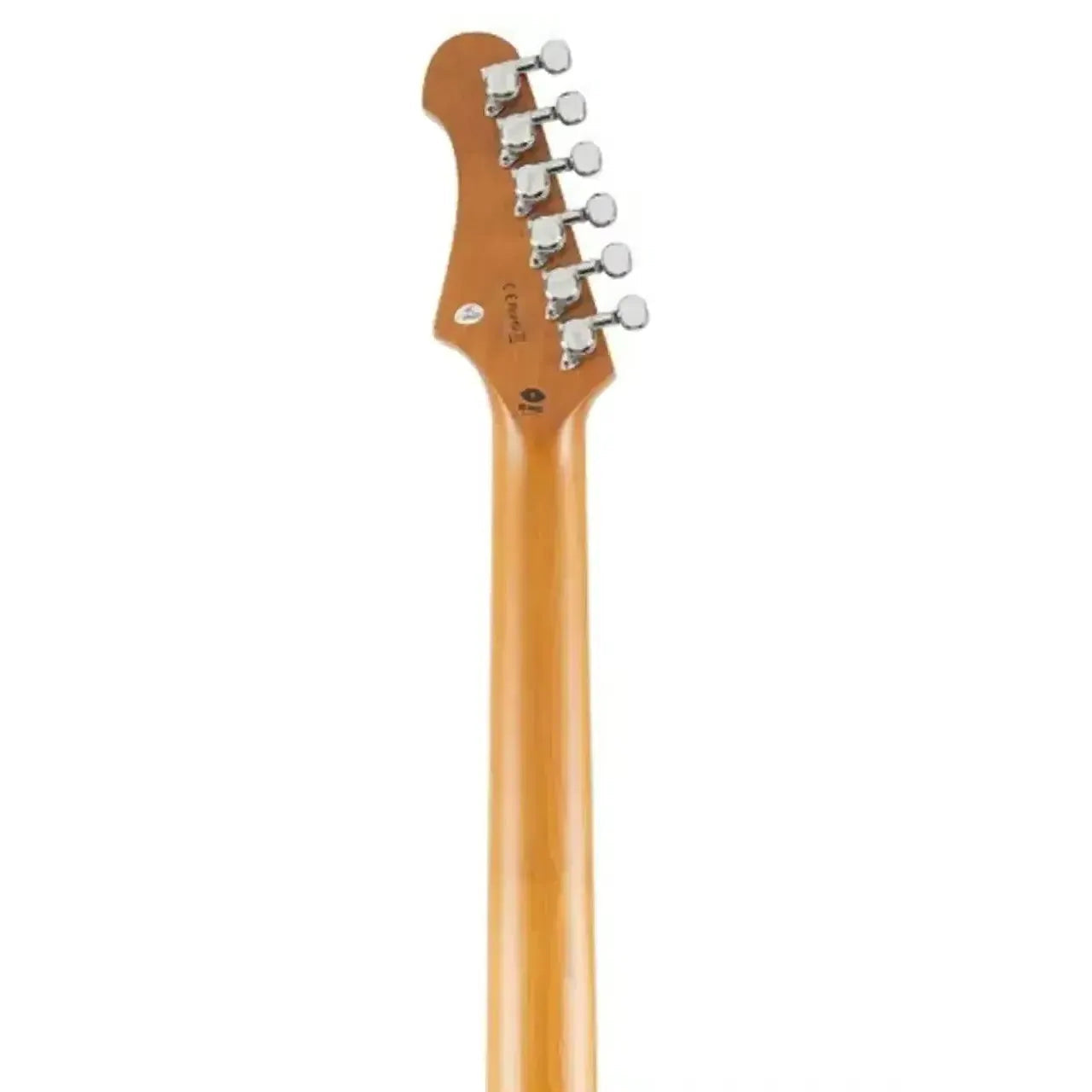 Back of a Jet JS-600 Stratocaster electric guitar neck with a light wood finish and six silver tuning pegs.