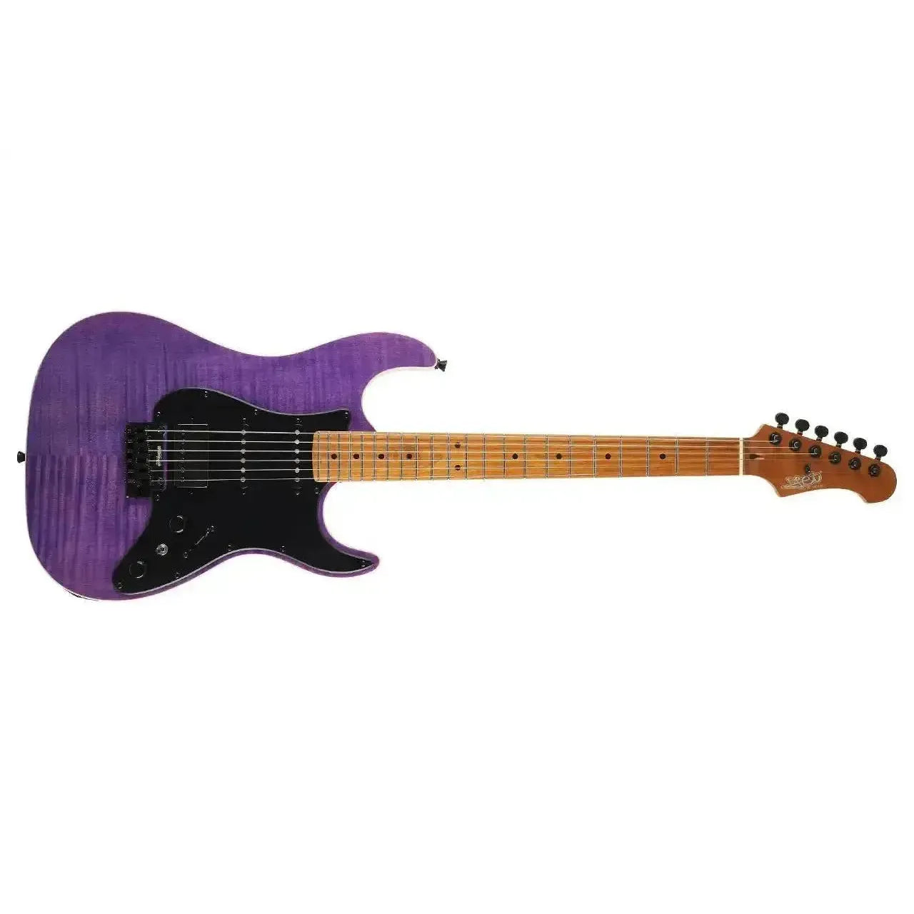 Jet JS-600 TPP Transparent Purple Stratocaster electric guitar with flamed maple top and black pickguard.