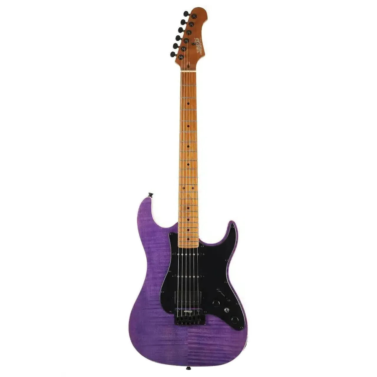 Jet JS-600 TPP Transparent Purple Stratocaster electric guitar with flamed maple top and black pickguard.