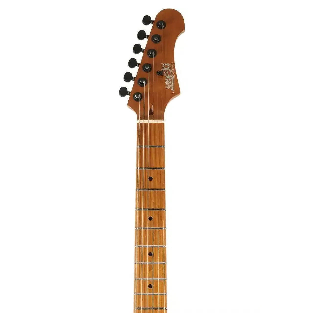 Jet JS-600 TPP Stratocaster electric guitar headstock and roasted maple neck with black tuners.