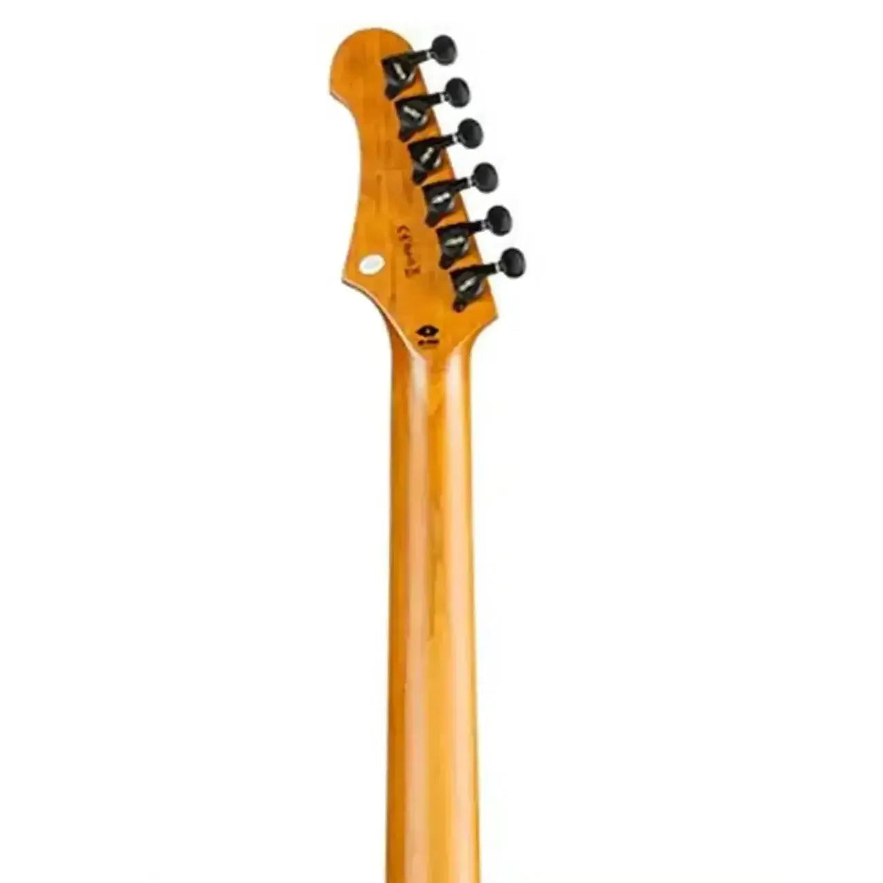 Back of a Jet JS-600 Stratocaster electric guitar neck and headstock with black tuners.