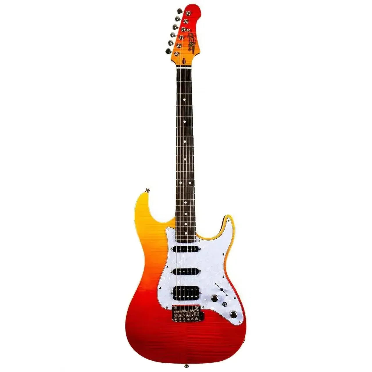 Jet JS-600 TRS Transparent Red Stratocaster electric guitar with flamed maple top.