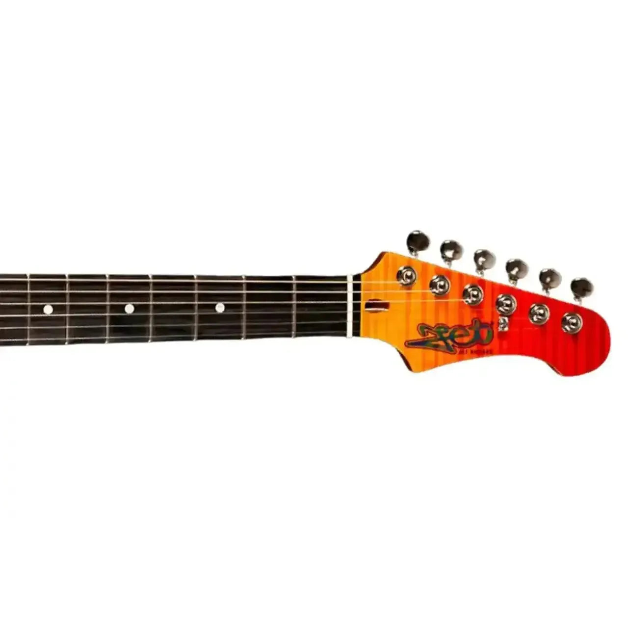 Jet JS-600 TRS electric guitar headstock with transparent red finish, chrome tuners, and maple neck.