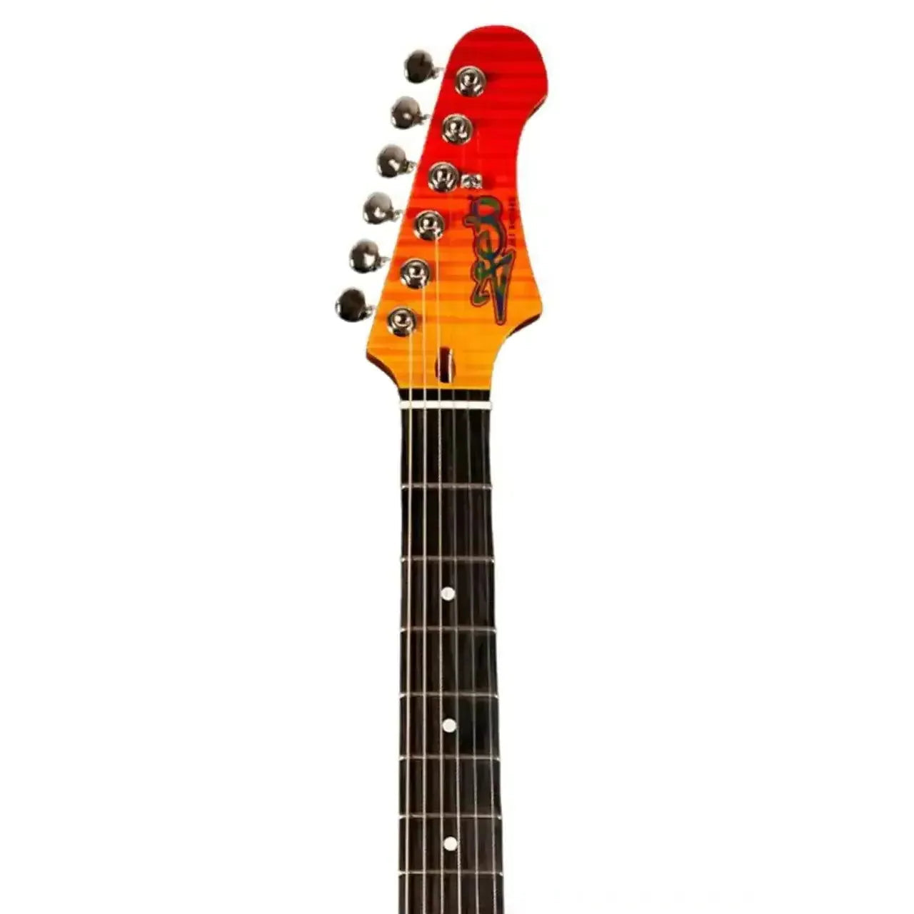 Jet JS-600 TRS electric guitar headstock with transparent red finish, chrome tuners, and maple neck.