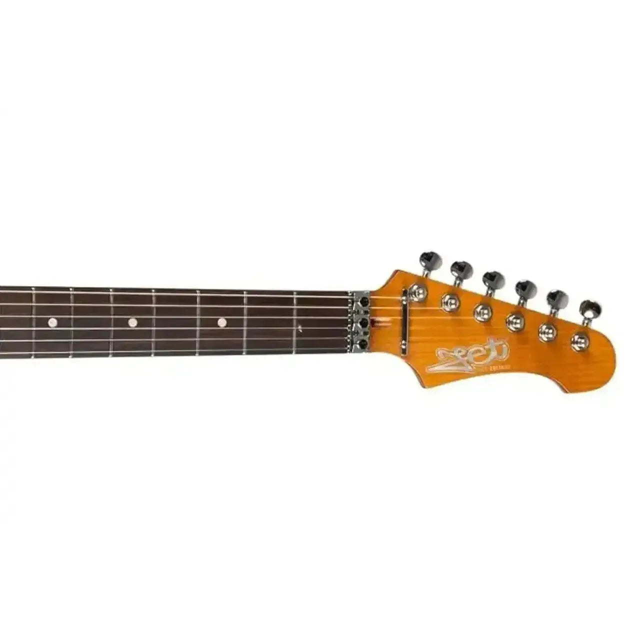 Jet JS-700 CPR HS Stratocaster electric guitar headstock with roasted maple neck and rosewood fretboard.