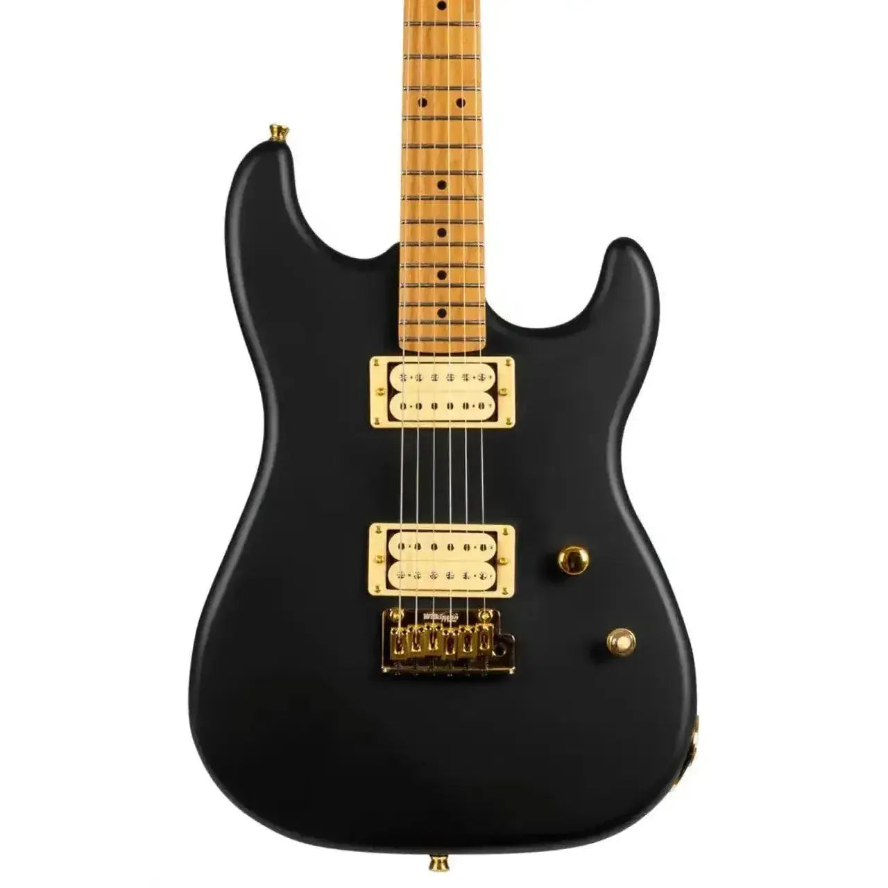Jet JS-700 MBK Matte Black Stratocaster electric guitar with gold hardware and roasted maple neck.