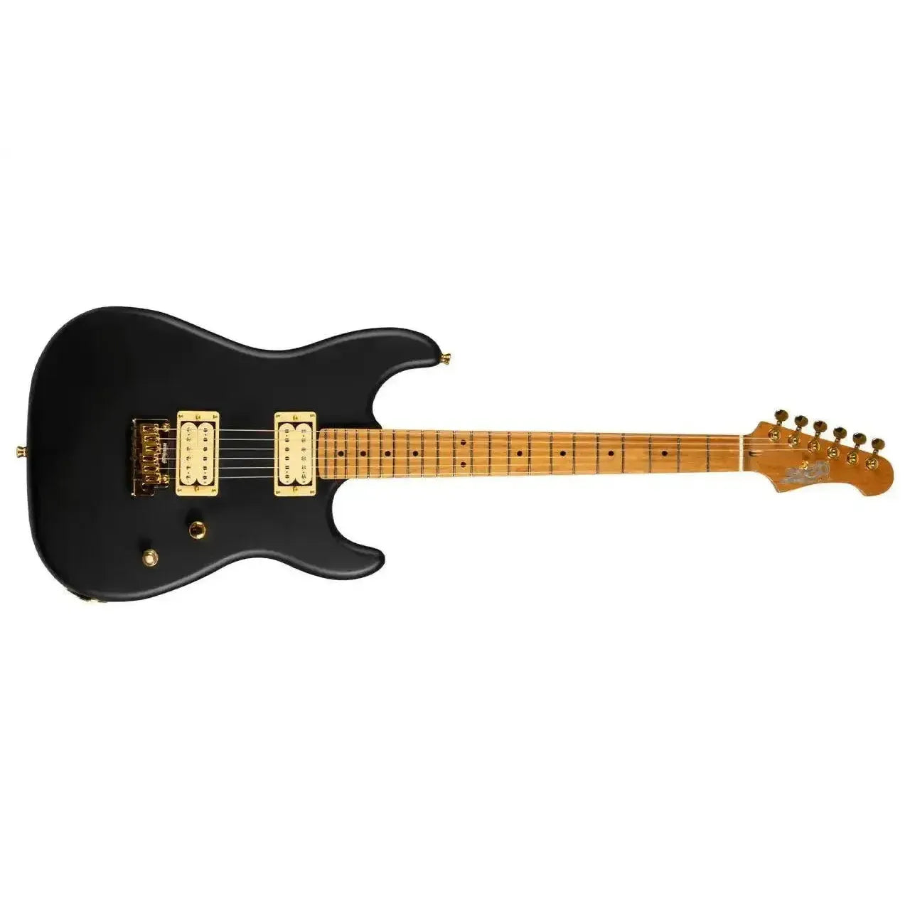 Jet JS-700 MBK Matte Black Stratocaster electric guitar with gold hardware and roasted maple neck.