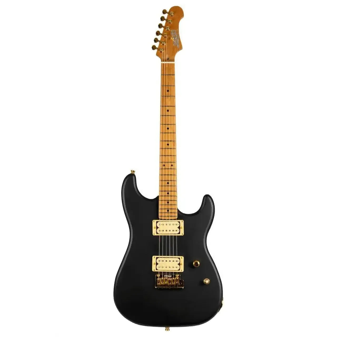 Jet JS-700 MBK Matte Black Stratocaster electric guitar with gold hardware and roasted maple neck.