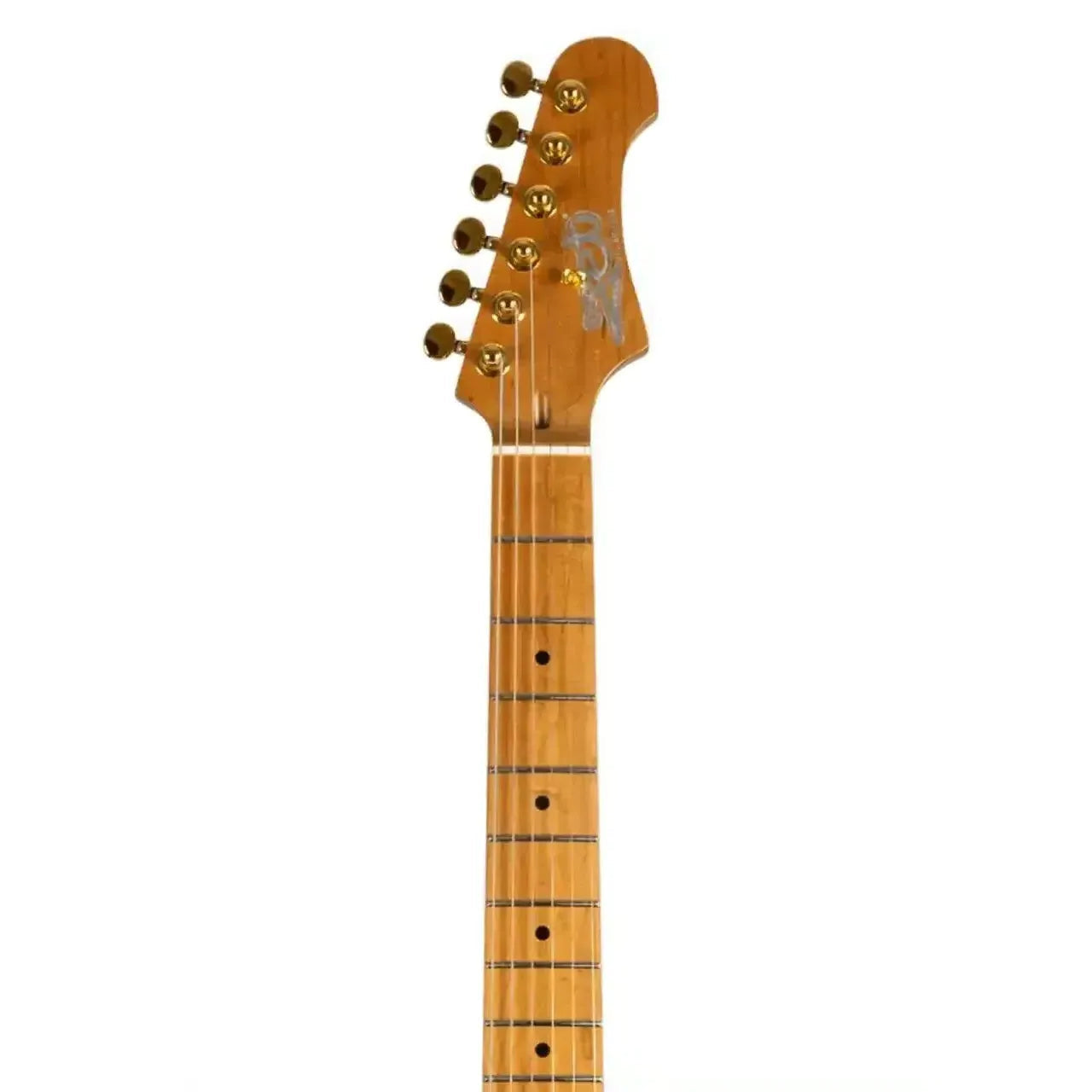 Jet JS-700 electric guitar's roasted maple neck and headstock with gold locking tuners.