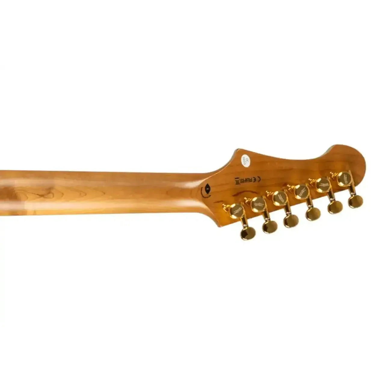 Jet JS-700 MBK Stratocaster electric guitar headstock with gold locking tuners and roasted maple neck.