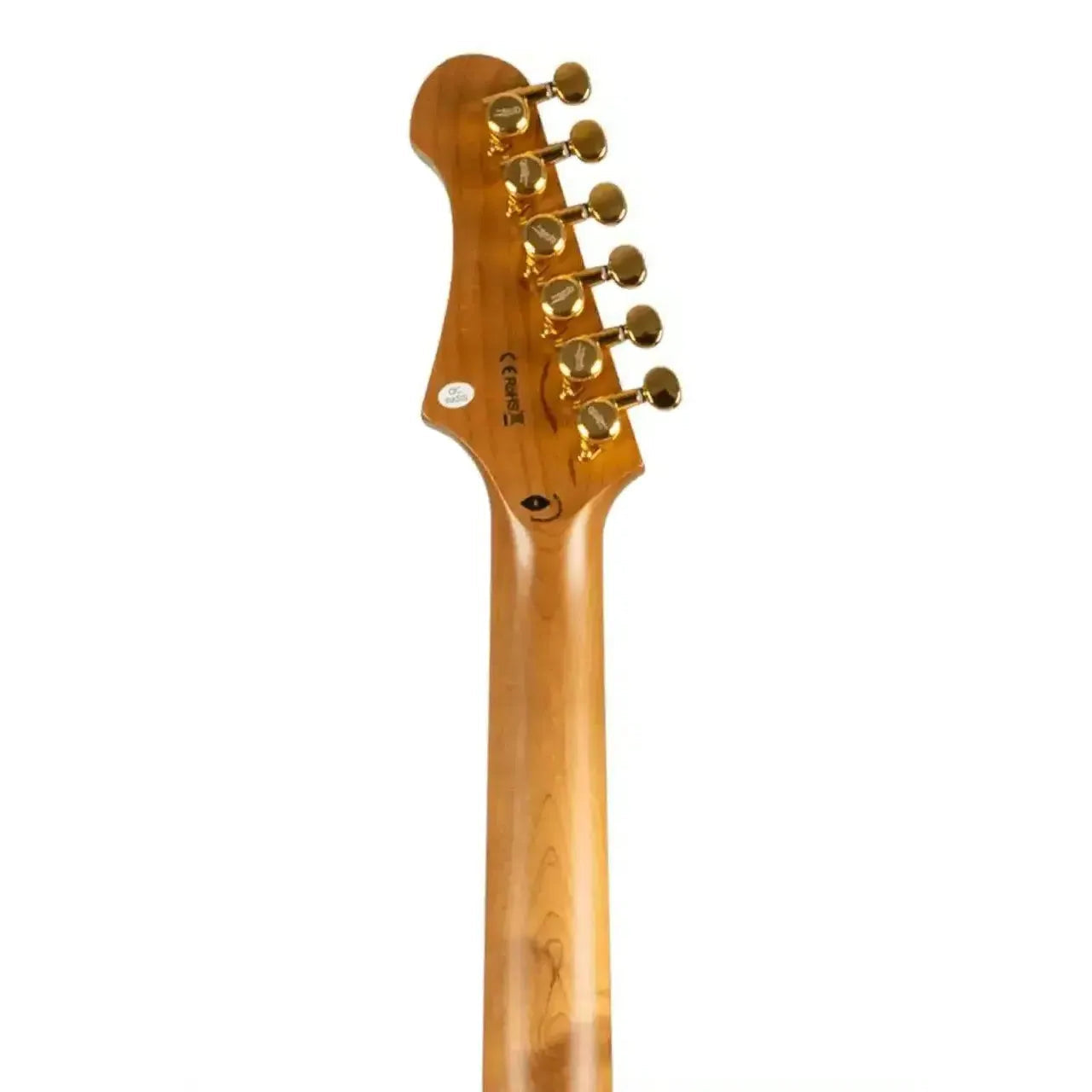 Jet JS-700 MBK Stratocaster electric guitar headstock with gold locking tuners and roasted maple neck.