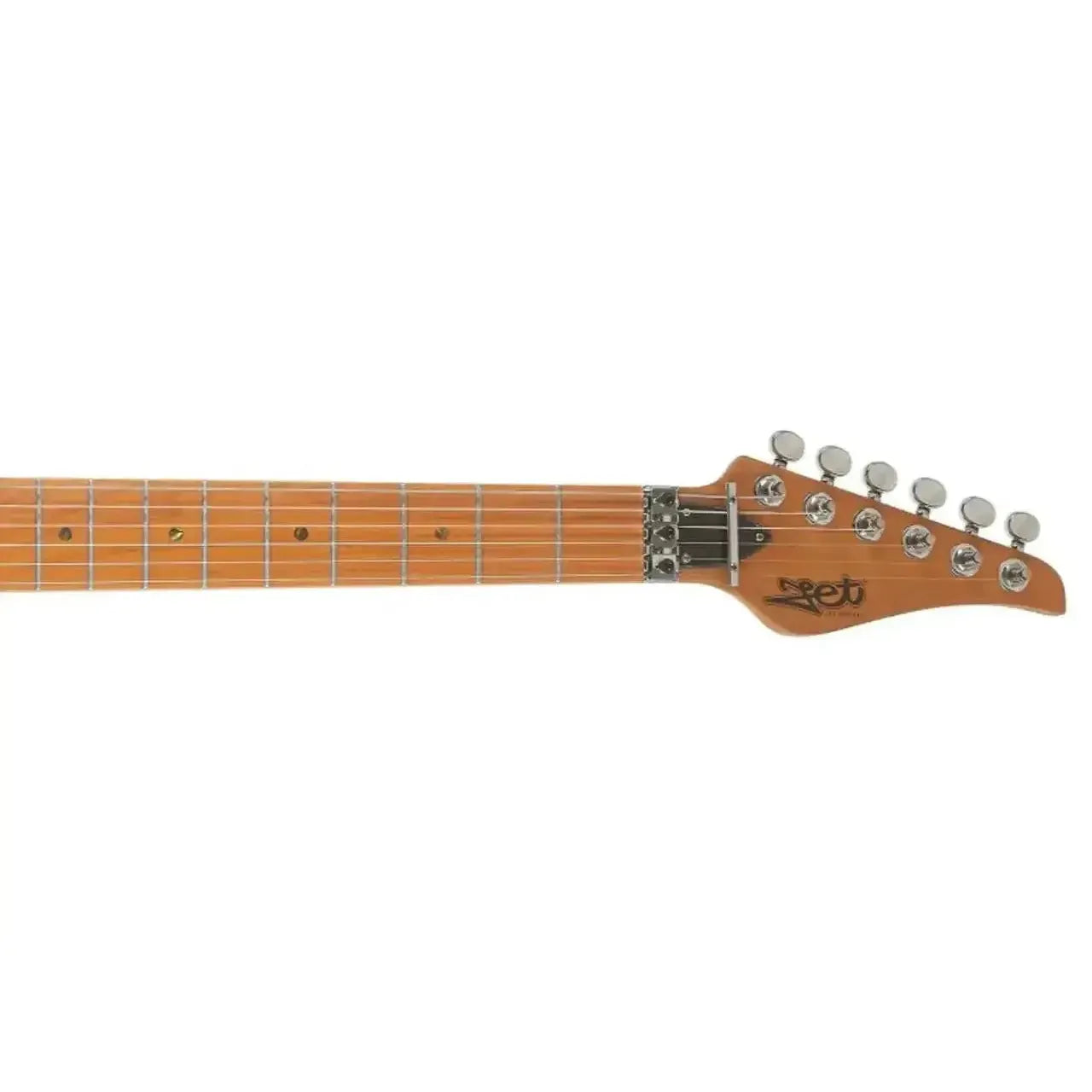 Jet JS-850 RELIC FR electric guitar headstock and roasted maple neck with chrome tuners.