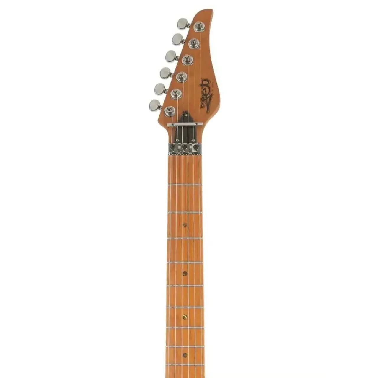 Jet JS-850 RELIC FR electric guitar headstock and roasted maple neck with chrome tuners.