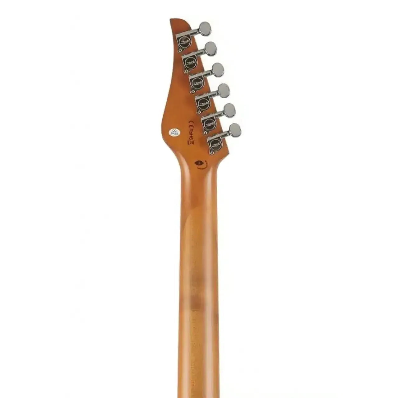 Jet JS-850 RELIC FR electric guitar's roasted maple neck and headstock with chrome tuners.