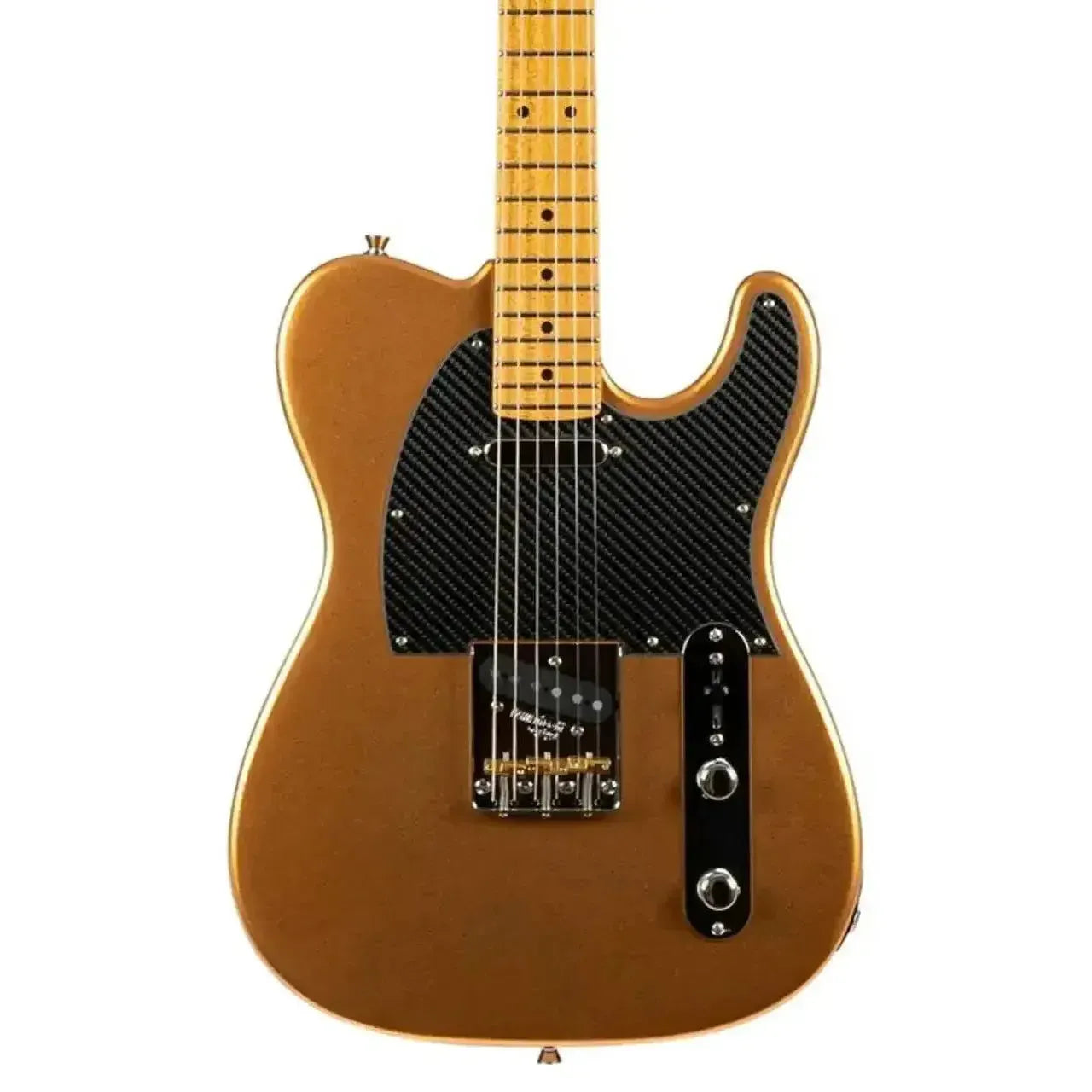Jet JT-30 GOLD Telecaster electric guitar with a metallic gold finish, black fiberglass pickguard, and roasted maple neck.