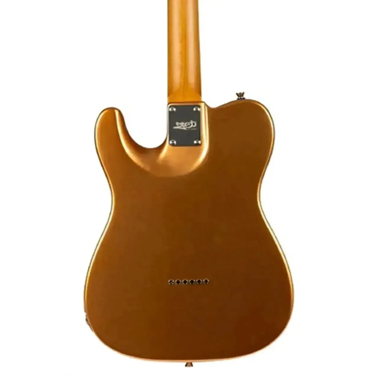 Back of a gold metallic Jet JT-30 Telecaster electric guitar with a light roast maple neck.