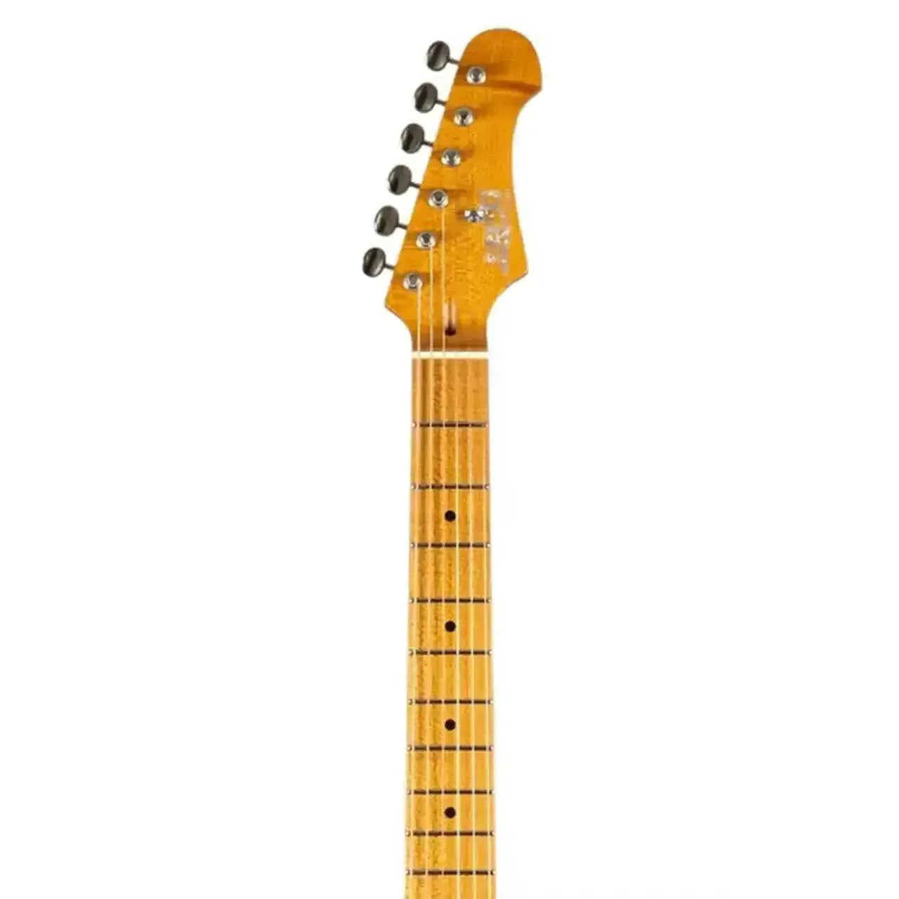 Jet JT-30 GOLD Telecaster electric guitar's roasted maple neck and headstock with black tuners.