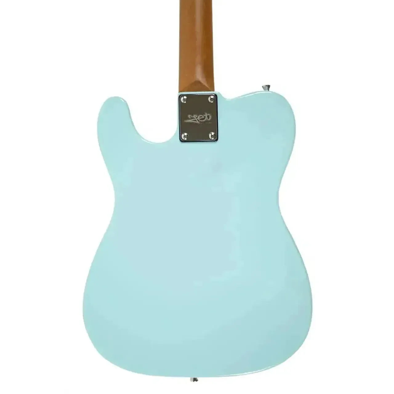 Back of a Jet JT-300 BL R Sonic Blue Telecaster electric guitar with a roasted maple neck.