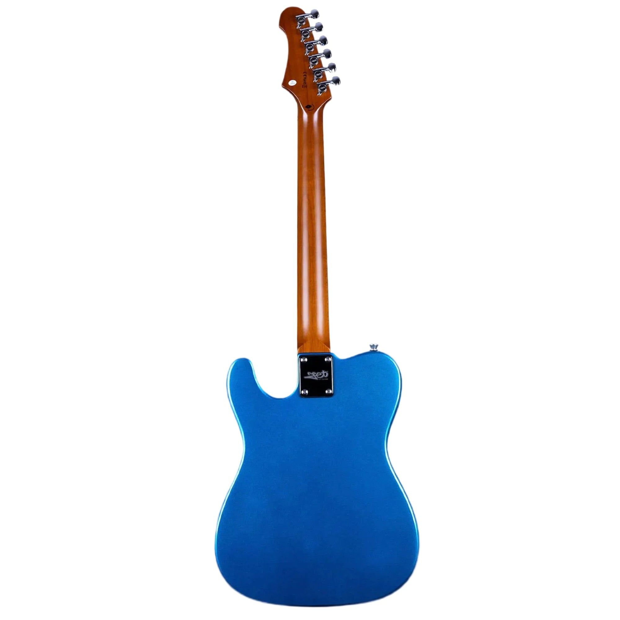 Back of a Jet JT-300 LPB Placid Blue Telecaster electric guitar with a roasted maple neck.