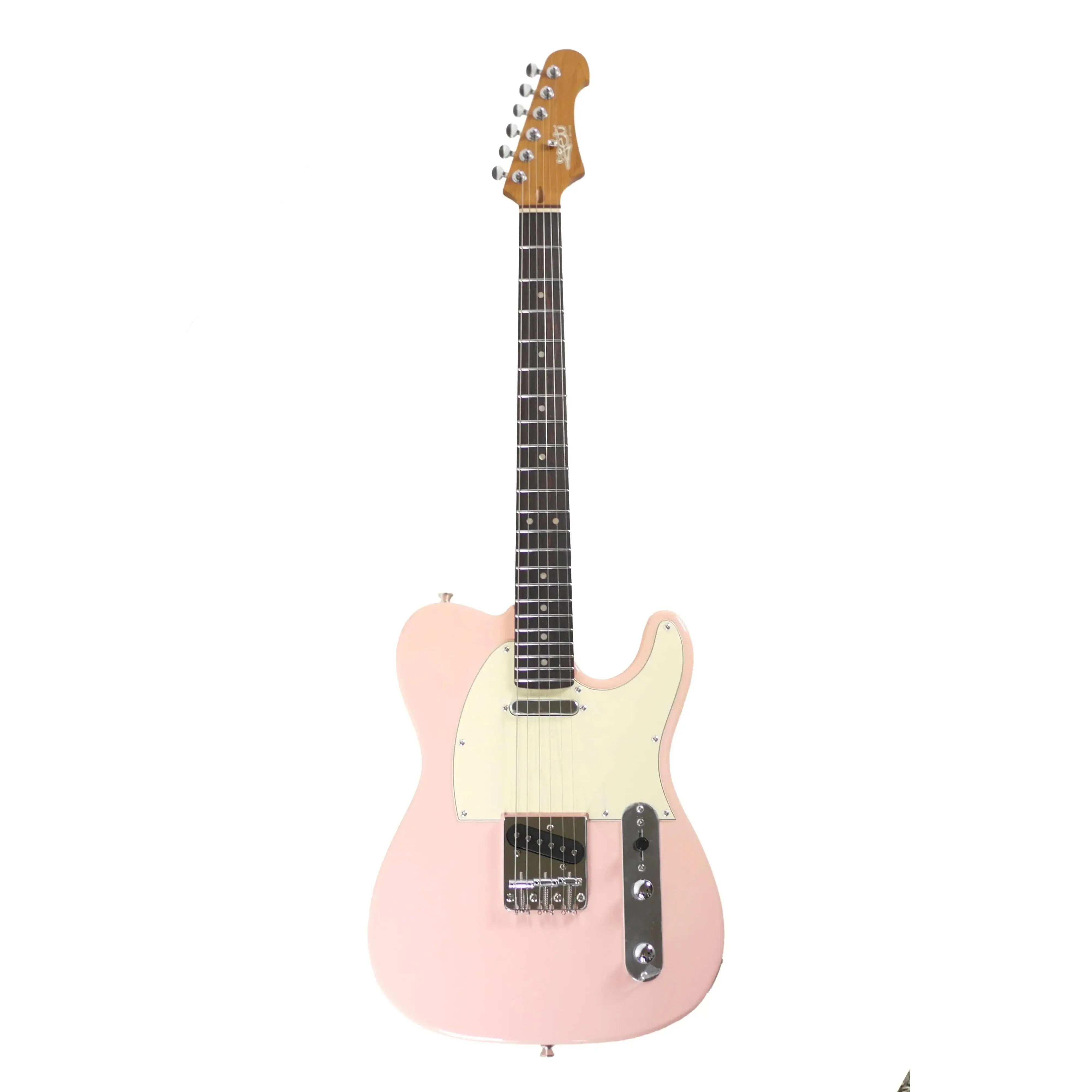Jet JT-300 PK R Shell Pink electric guitar with a light pink body, white pickguard, and maple neck.