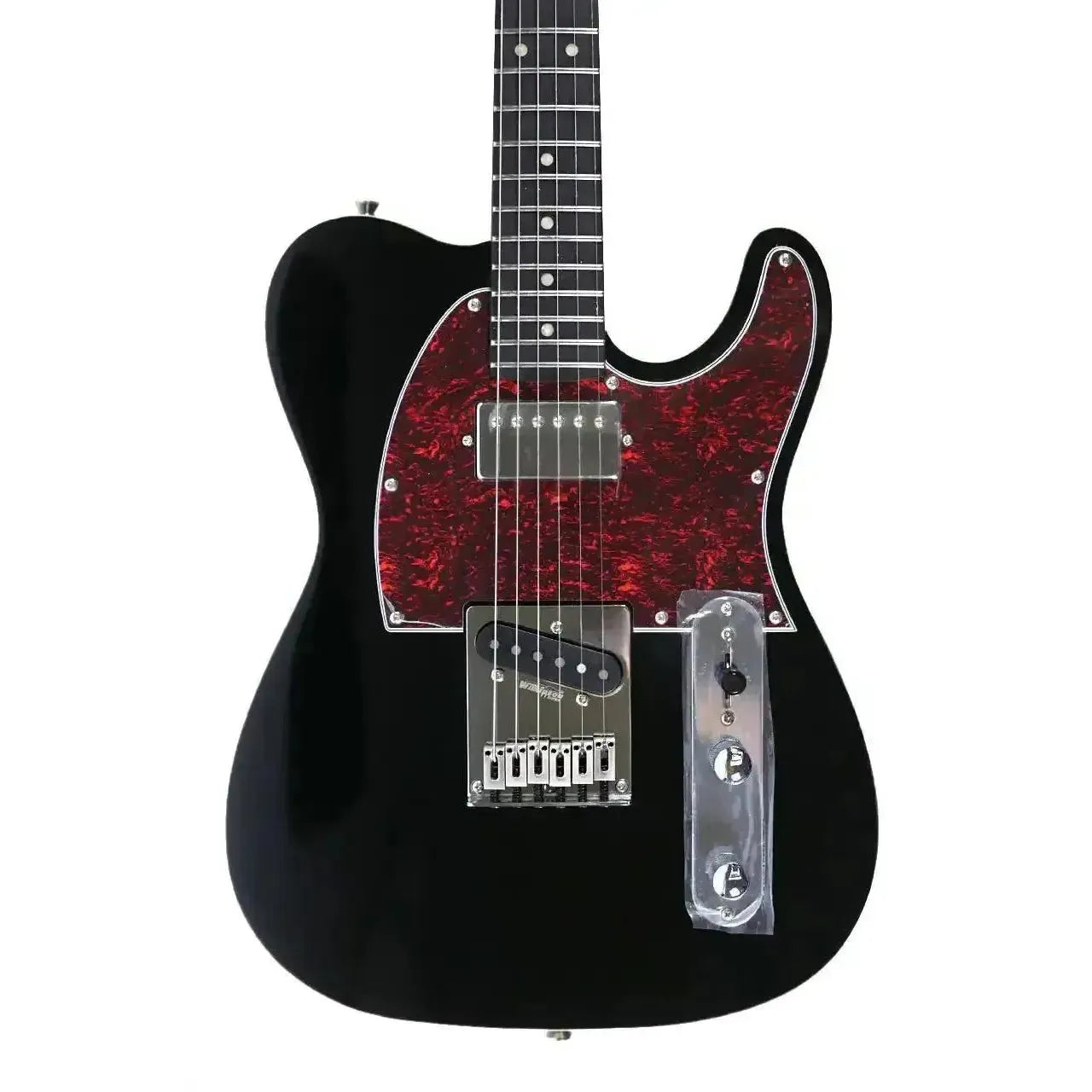 Jet JT-350 BK R Black Telecaster electric guitar with a red tortoise pickguard and chrome hardware.
