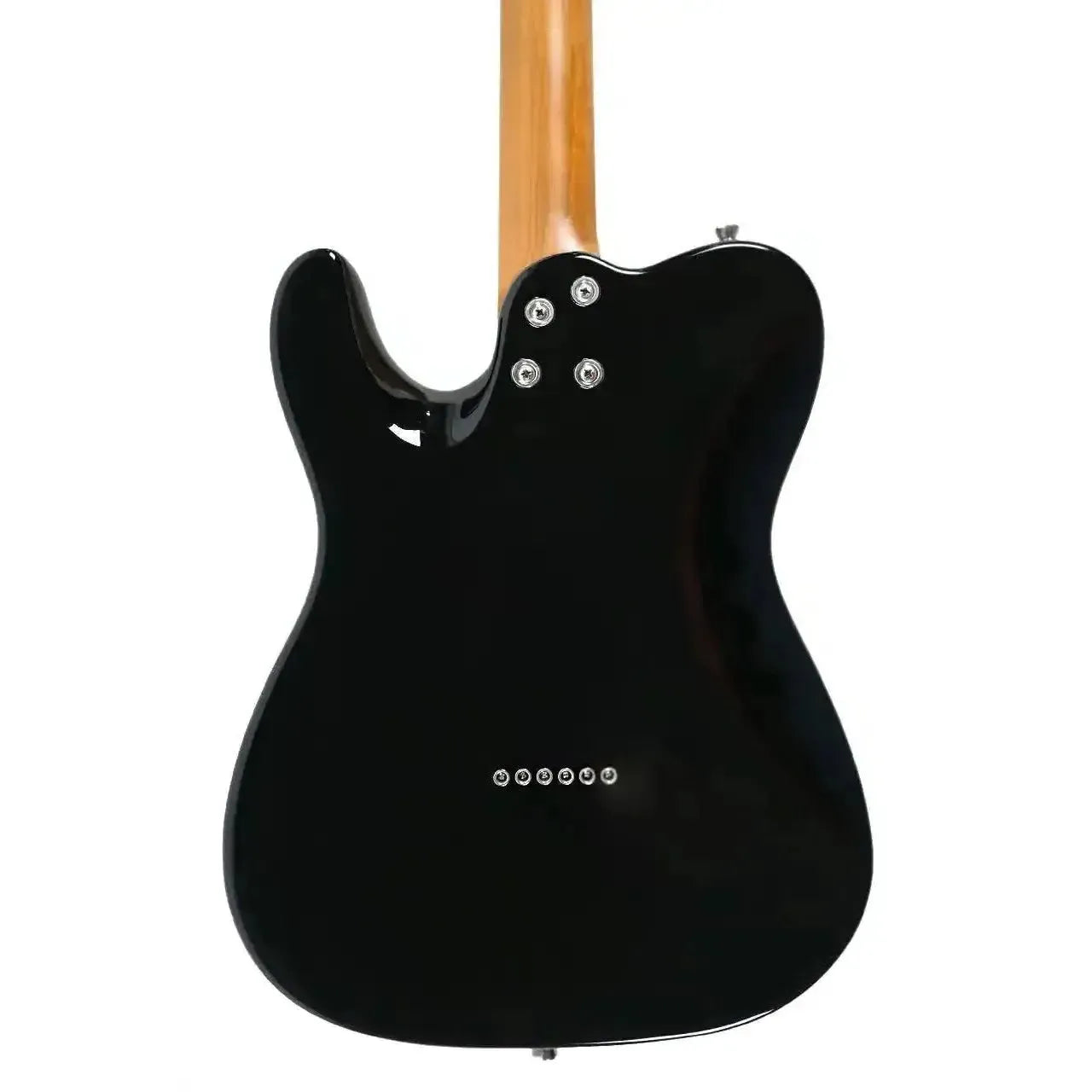 Back of a black Jet JT-350 Telecaster electric guitar with a light wood neck and chrome hardware.