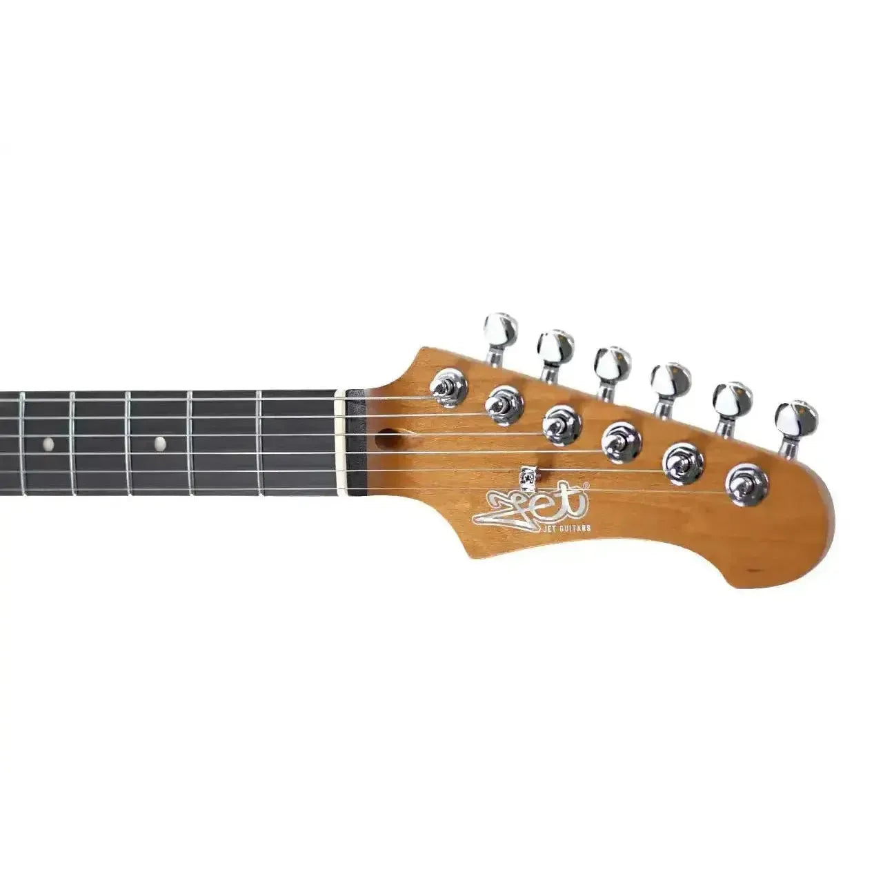 Jet JT-350 BK R Telecaster electric guitar headstock with chrome locking tuners and roasted maple neck.